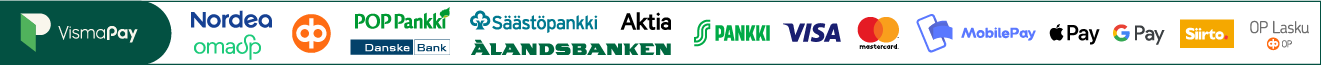 Hyväksytyt maksutavat: Visma Pay, pankit, Visa, Mastercard, MobilePay, Apple Pay, Google Pay, Siirto, OP Lasku